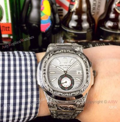 Copy Patek Philippe Nautilus Stainless Steel Tattoo Watch Silver Dial